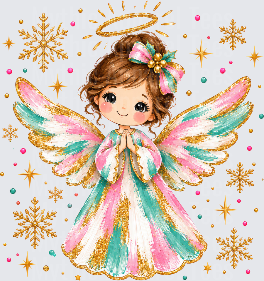 Cute Christmas Angel Girl with Gold Halo Pink Teal Glitter Wings Praying Surrounded by Gold Snowflakes and Stars