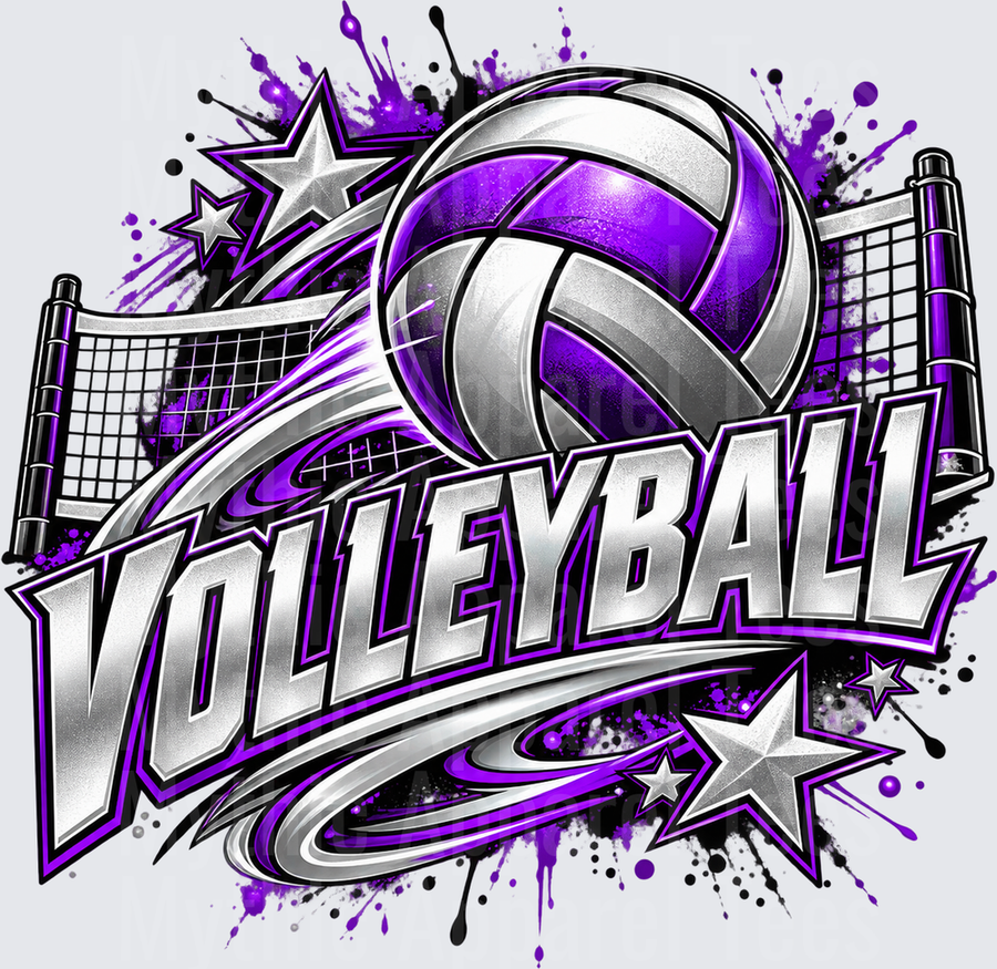 Purple and Silver Volleyball Bold Grunge Graphic with Net Stars and Paint Splatter
