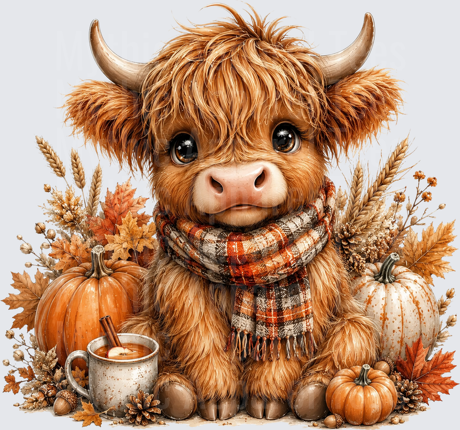 Cute Baby Highland Cow Wearing Plaid Scarf Surrounded by Fall Pumpkins Autumn Leaves and Hot Apple Cider