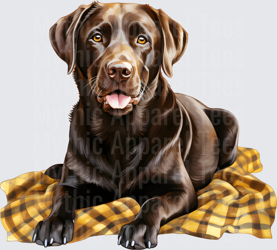 Chocolate Labrador Retriever Lounging on Yellow Plaid Blanket