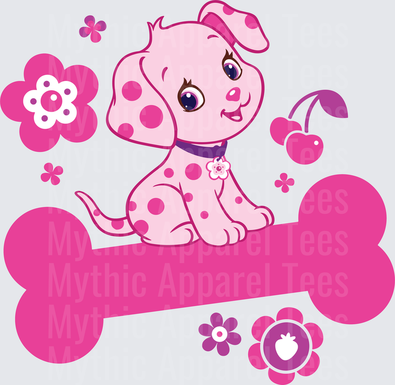 Strawberry Shortcake Pink Spotty Puppy Sitting on Bone with Flowers and Cherries