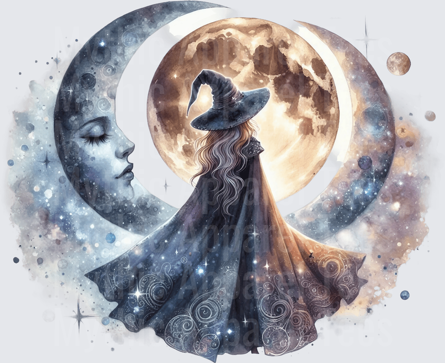 Halloween Gothic Witches Celestial Moon Face Watercolor Cloak Star