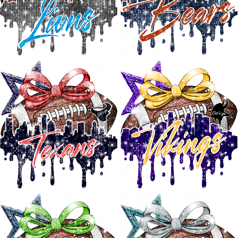 NFL GLITTER 1 GANG SHEET 10 FULL SIZE IMAGES
