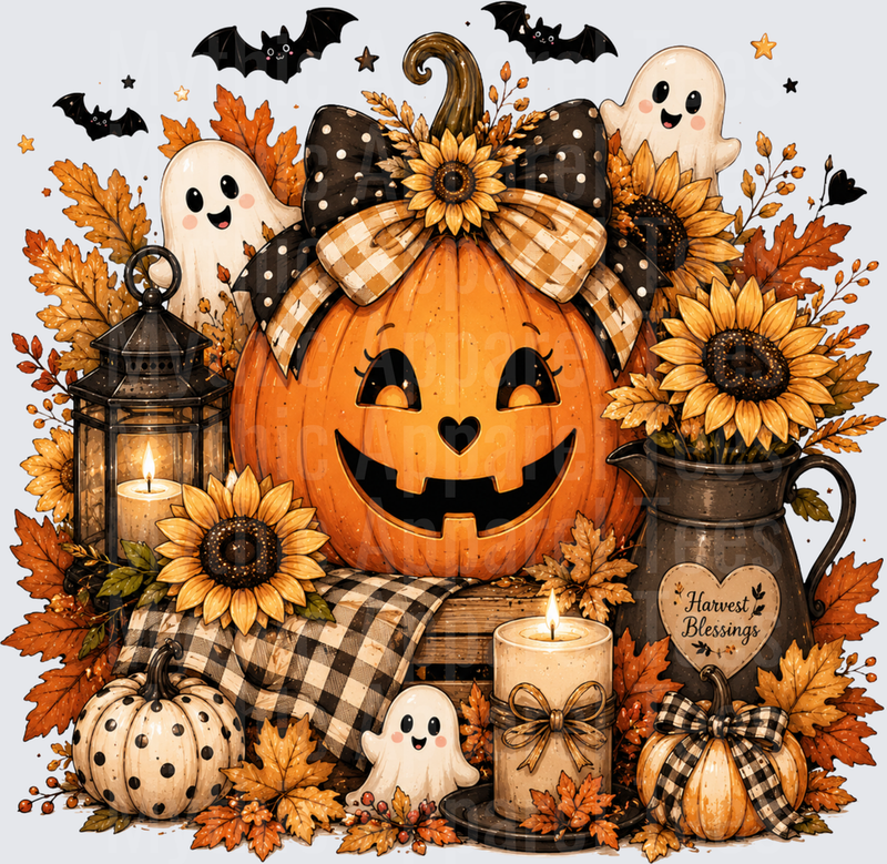Harvest Blessings Halloween Jack-O-Lantern with Cute Ghosts Sunflowers Bats Buffalo Plaid Bow Candles and Fall Autumn Leaves Farmhouse Scene