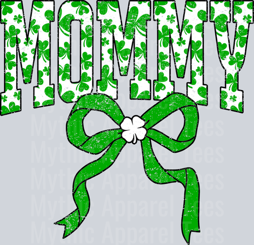 Green Shamrock Mommy Bow St Patrick's Day College Font Floral and shamrock pattern