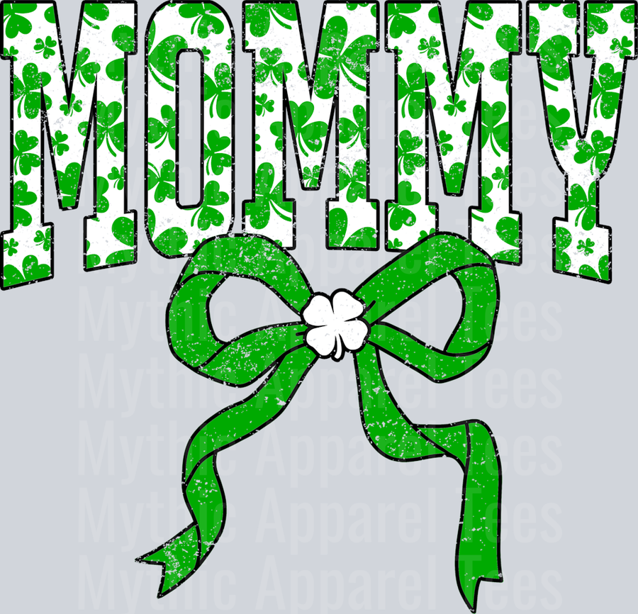 Green Shamrock Mommy Bow St Patrick's Day College Font Floral and shamrock pattern