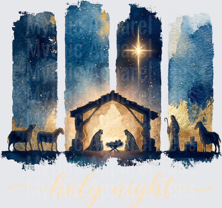 Holy Night Nativity Scene Watercolor Navy Blue and Gold Christmas Manger Silhouette Star of Bethlehem