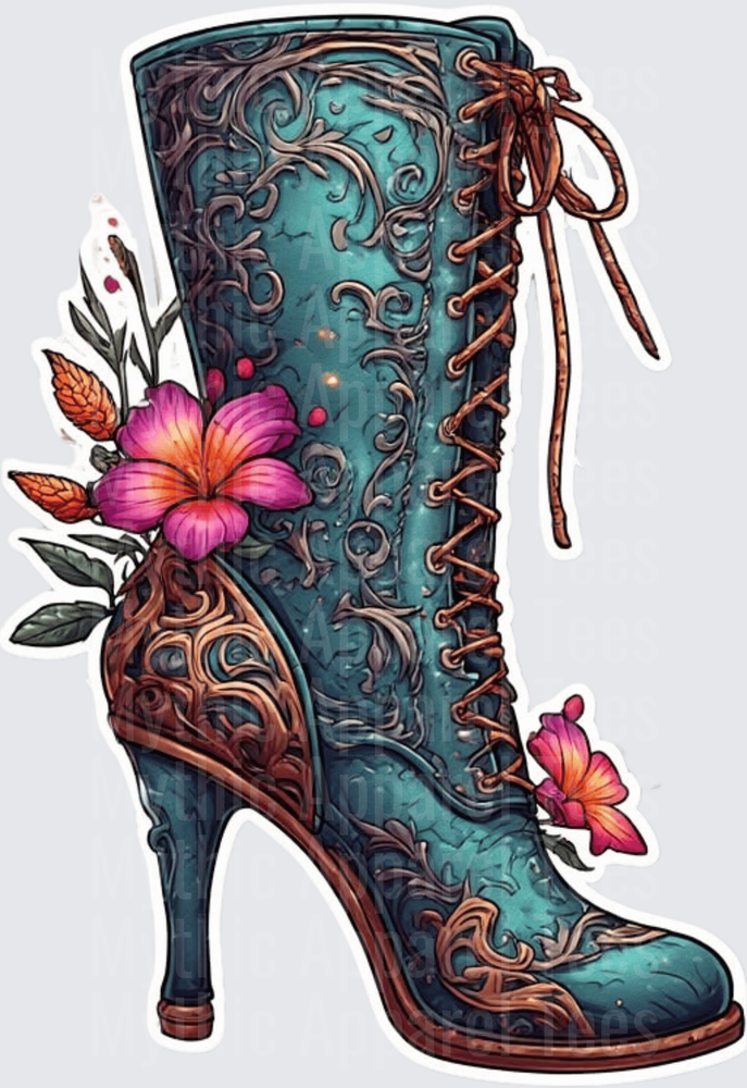 Teal Ornate Lace-Up Heeled Boot with Pink Floral Accents and Scrollwork Embossed Design