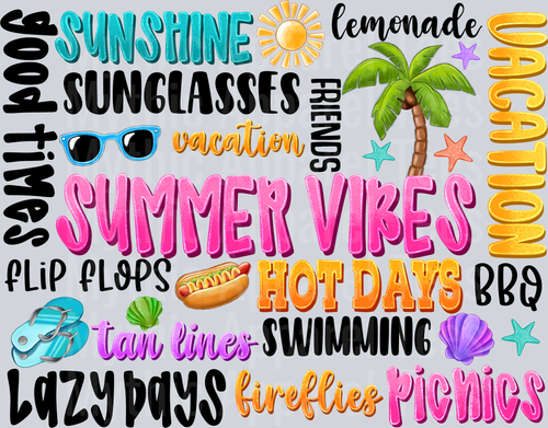 Vacation Summer Vibes Design word collage and summer words DTF Summer Transfers