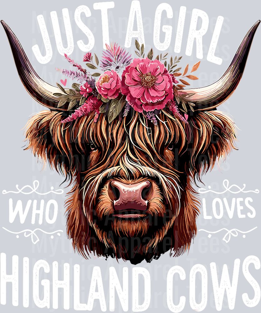 Precious Highland Cow with pink flowers in hair DTF Highland Cow Transfers