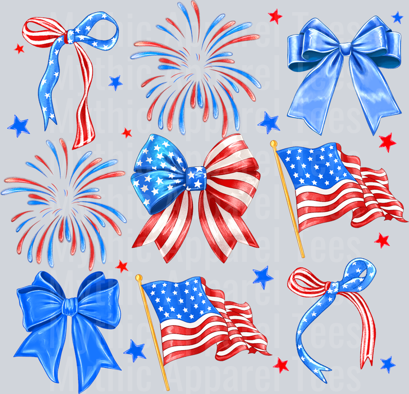 4th of july bow with fireworks and American Flags Red White and Blue Patriotic DTF 4th of July Transfers