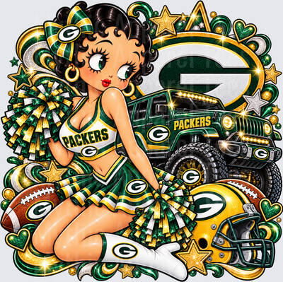 Betty Boop Green Bay Packers Cheerleader with Jeep Helmet and Football Glitter Fan Design