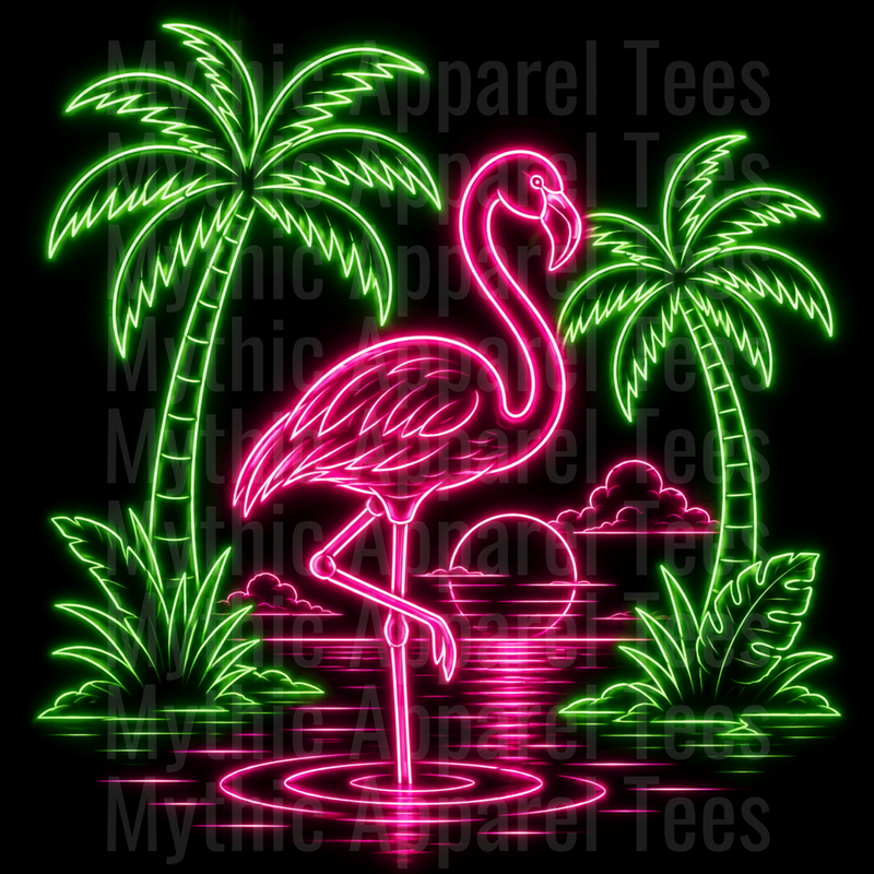 Flamingos Neon Glow Tropical Flamingo with Palm Trees Sunset