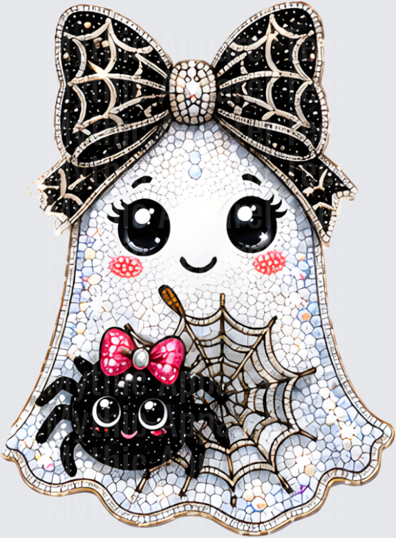 Halloween Bling Cute Kawaii Ghost Girl with Spiderweb Bow and Adorable Black Spider Mosaic Rhinestone Design