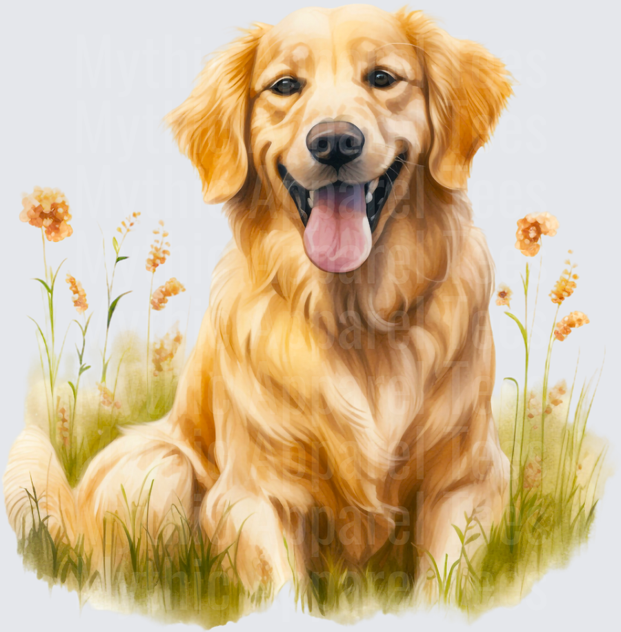 Watercolor Golden Retriever Sitting in Wildflower Meadow with Happy Smile and Tongue Out