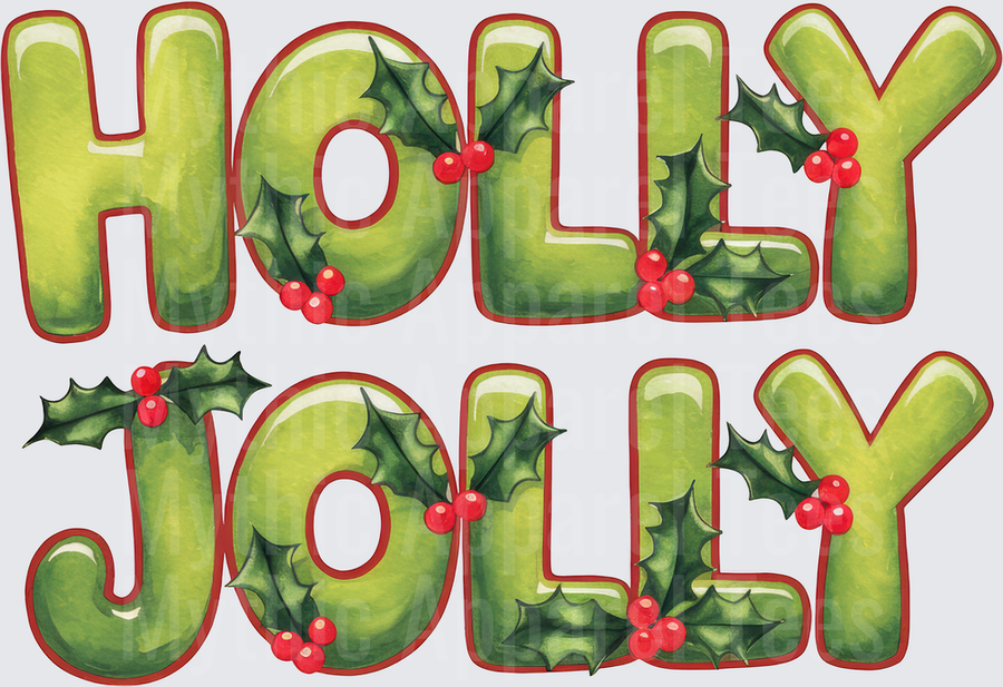 Holly Jolly Bold Christmas Text with Holly Leaves and Red Berries