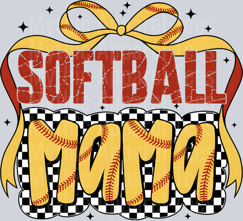 softball mama Yellow bow red words and checkers with softball stiches DTF Softball Transfers