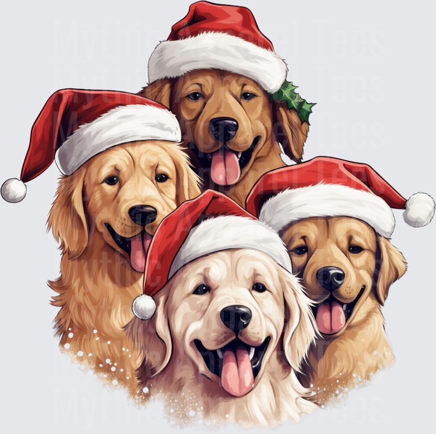 Four Golden Retrievers Wearing Santa Hats Christmas Holiday Dog Pack Portrait