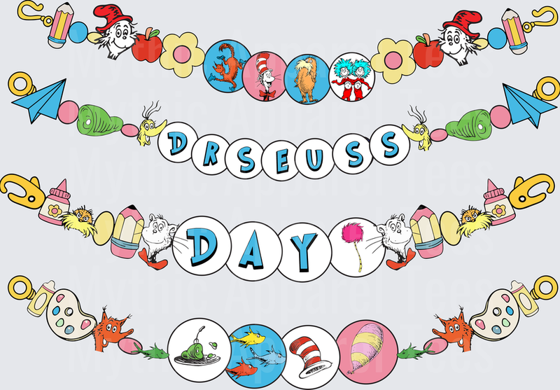 DR Seuss Day Garland Banner with Characters and Icons