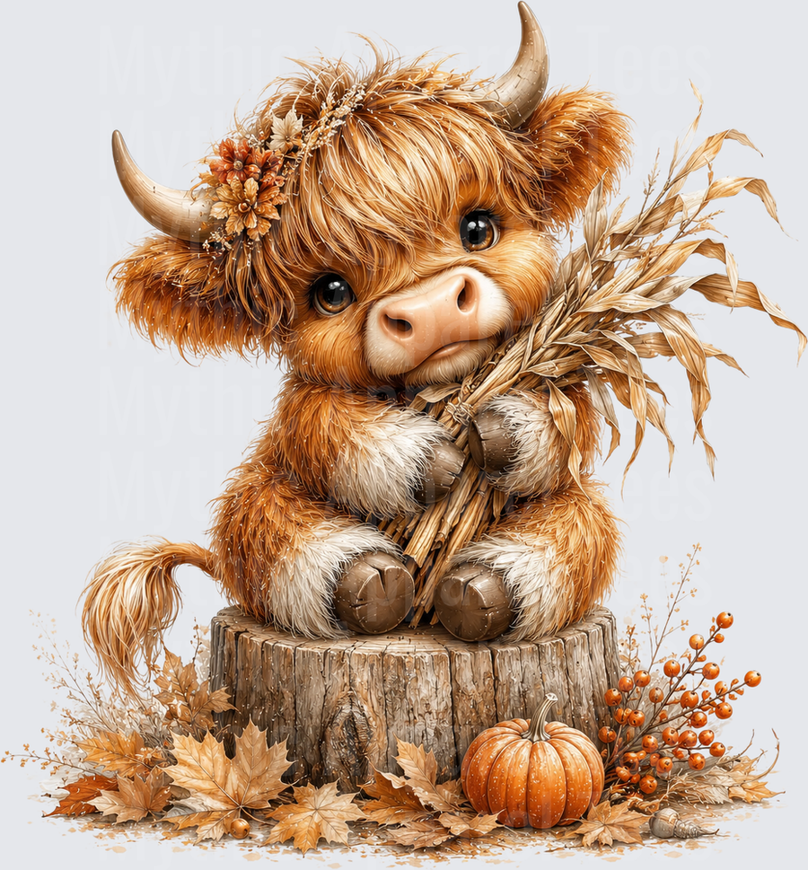 Cute Baby Highland Cow Sitting on Tree Stump Holding Wheat Bundle with Fall Pumpkin Autumn Leaves and Berries Floral Hair Wreath Harvest Season