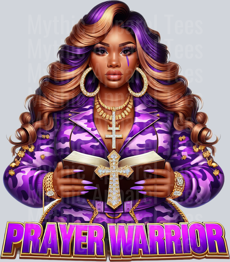 Girl with open bible 8 cross PW Purple Prayer Warrior DTF Religious Transfers