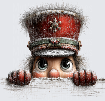 Cute Nutcracker Peeking Over Snowy Ledge with Big Eyes and Red Military Hat Holly Detail