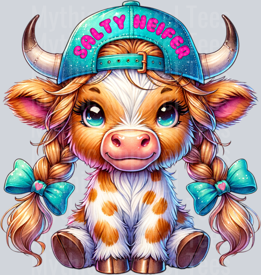 Salty Heifer Cute Braids DTF Highland Cow Transfers