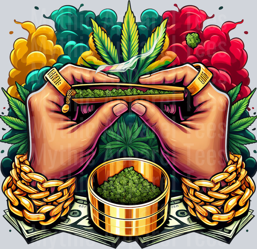 Grinder Gold Chains and Blunt floral colors weed plant DTF Weed Transfers