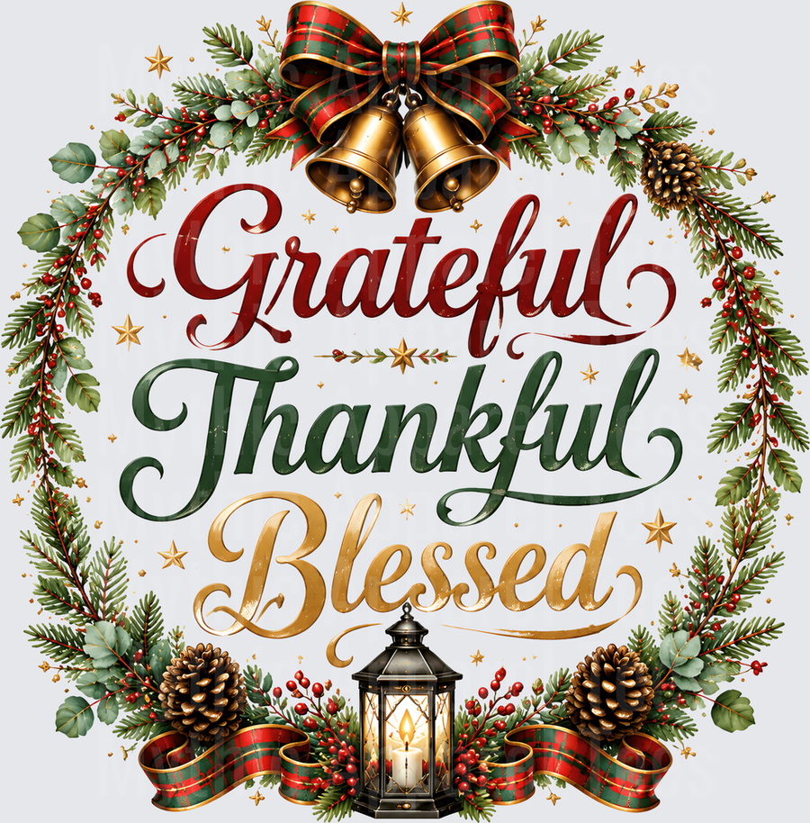 Grateful Thankful Blessed Christmas Wreath with Gold Bells Lantern Pinecones and Plaid Ribbon Holiday Greenery Design