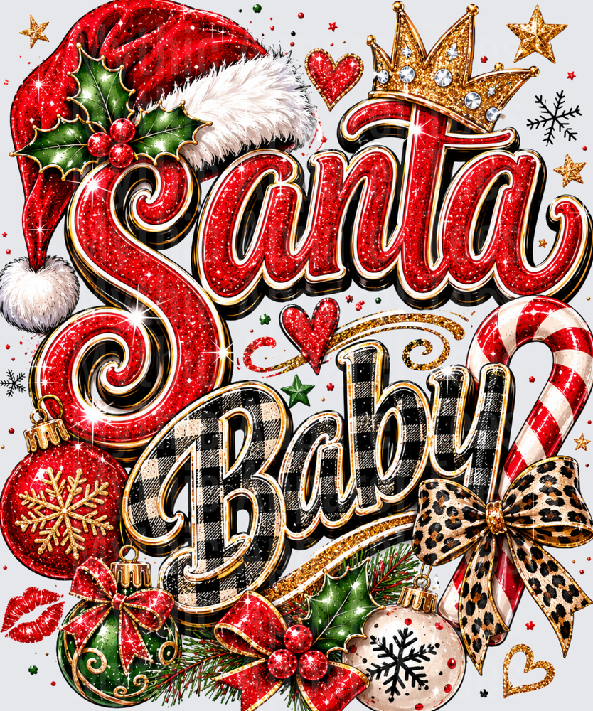 Santa Baby Glitter Gold Crown Buffalo Plaid Leopard Bow Holiday Ornaments Candy Cane Christmas Design