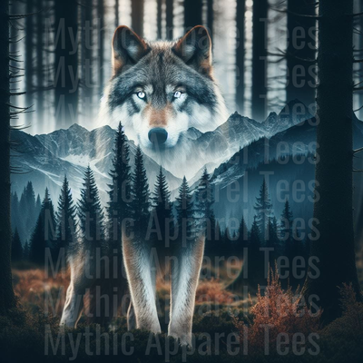 Majestic Wolf Double Exposure with Misty Mountain Pine Forest Wilderness Scene