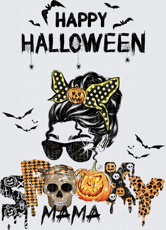 Happy Halloween Spooky Mama Messy Bun Woman with Jack O Lantern Headband Skull and Bats