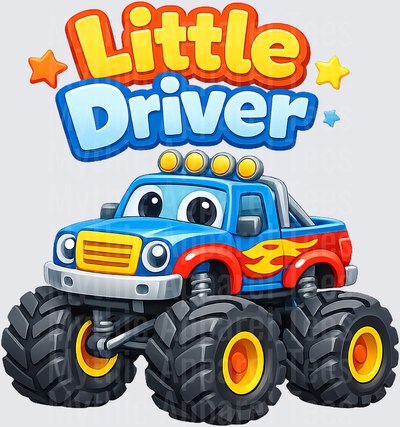 Little Driver Cute Cartoon Monster Truck with Flame Graphics and Roof Lights
