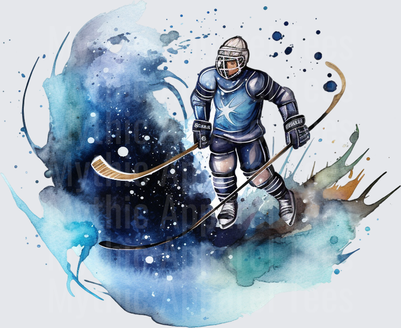 Ice Hockey Player Watercolor Galaxy Splash Blue Navy Art