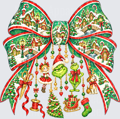 Grinch Christmas Bow with Whoville Village Scene and Dangling Holiday Charms Featuring Cindy Lou Who Max the Dog Sleigh and Christmas Tree