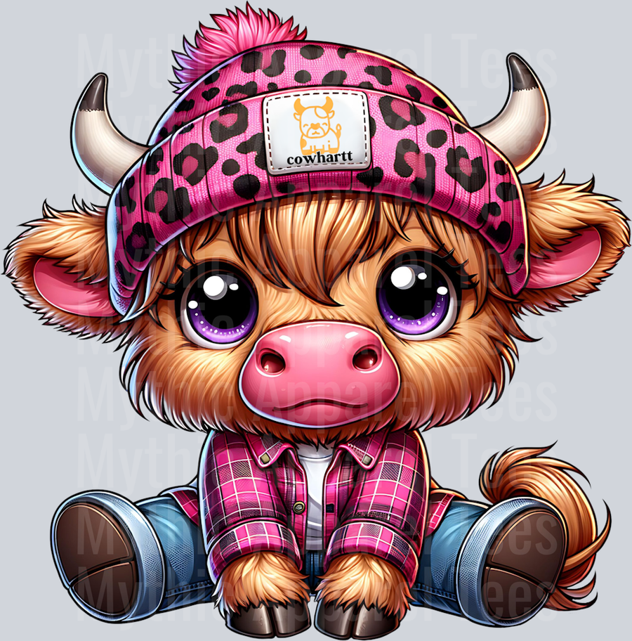 Brown with Pink Hat DTF CowHartt Highland Cow Transfers