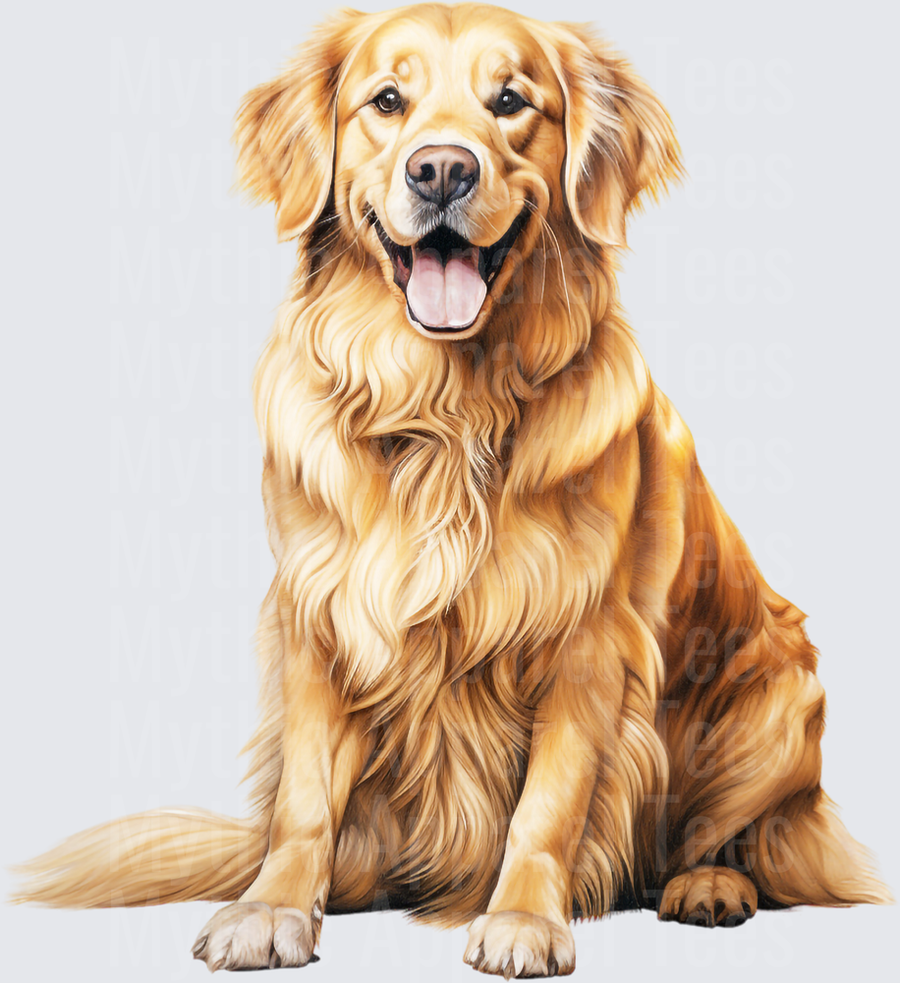 Realistic Golden Retriever Sitting Portrait with Happy Open Mouth Expression and Flowing Golden Coat