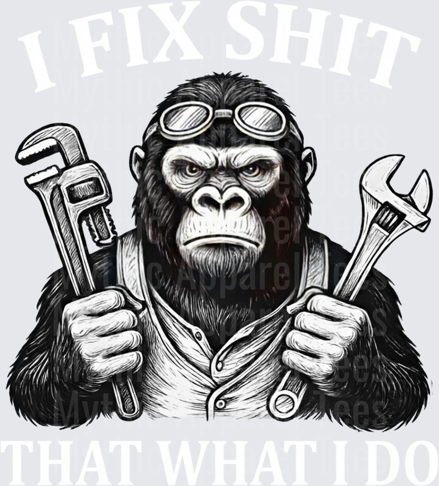 Tough Mechanic Gorilla With Goggles Holding Pipe Wrench and Adjustable Wrench Black and White Illustration