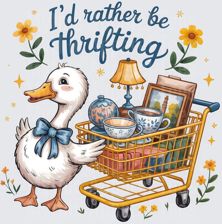I'd Rather Be Thrifting Duck with Shopping Cart and Vintage Items
