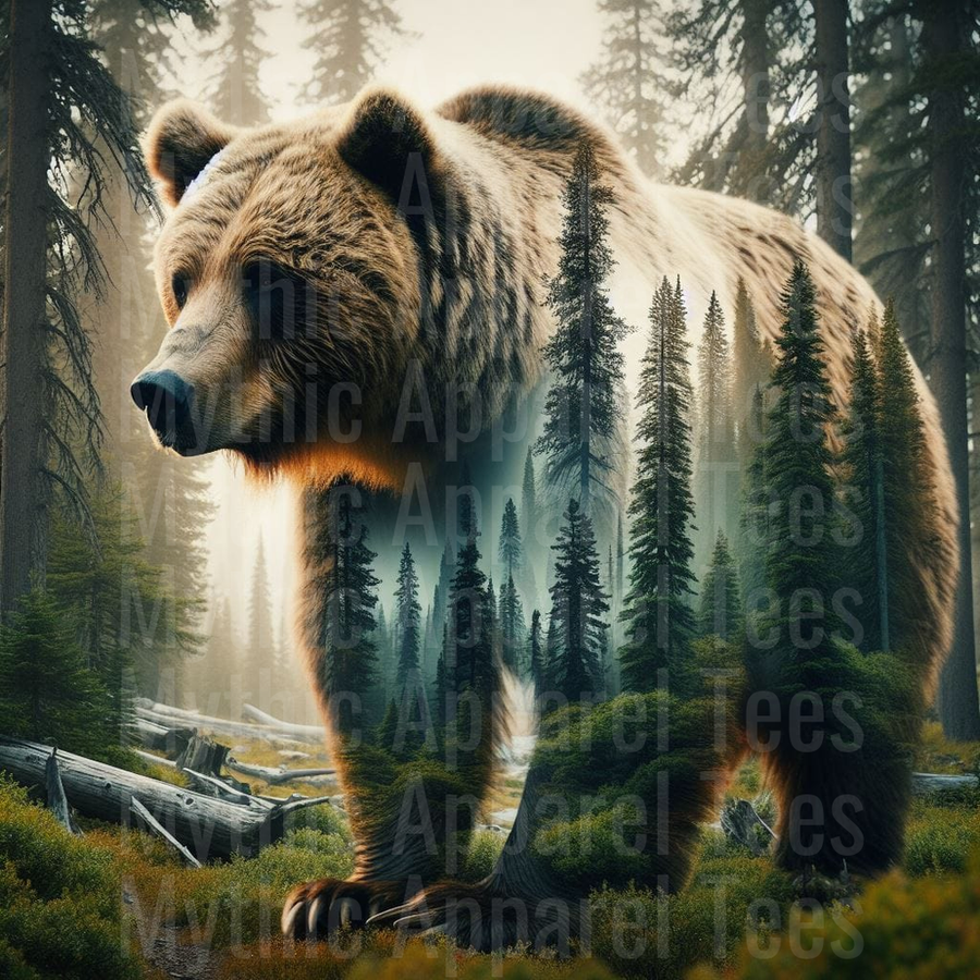 Grizzly Bear Double Exposure Pine Forest Wilderness Nature Art
