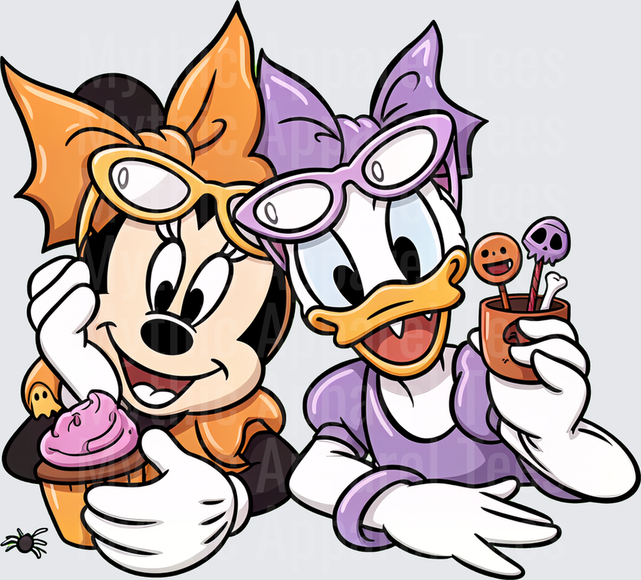 Minnie Mouse and Daisy Duck Halloween Best Friends with Spooky Treats and Festive Glasses