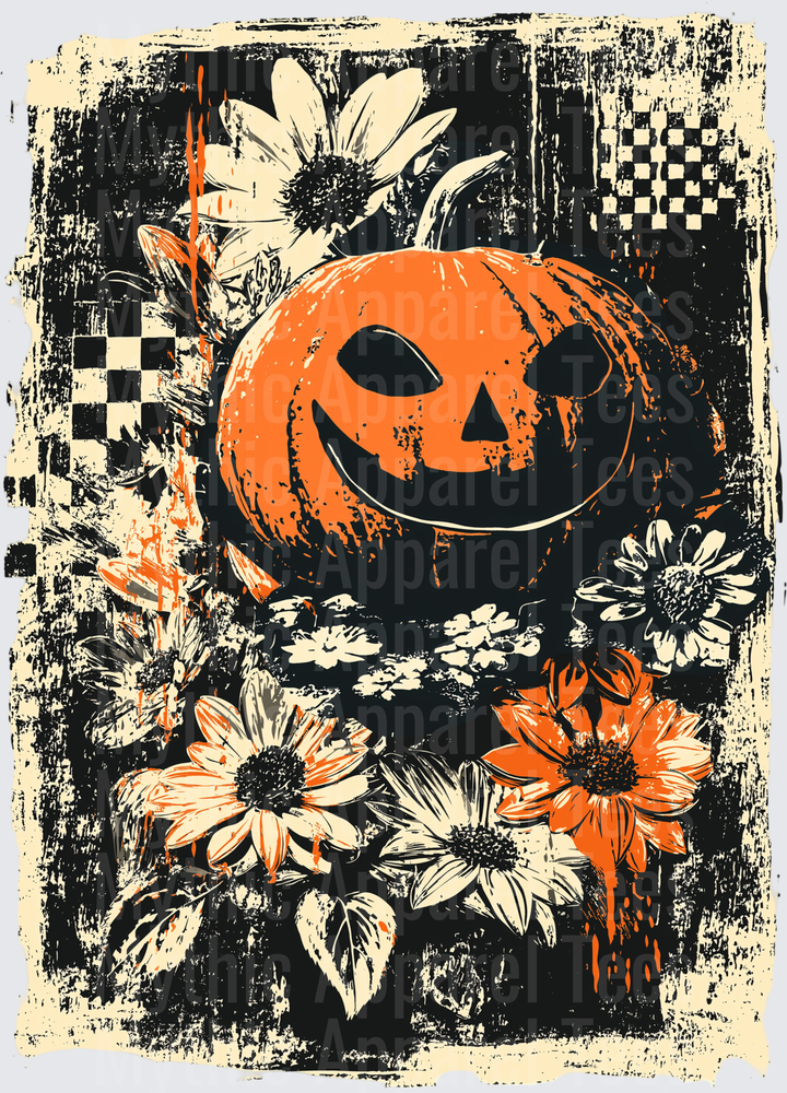 Distressed Halloween Jack-O-Lantern Surrounded by Wild Daisy Florals with Checkered Grunge Border