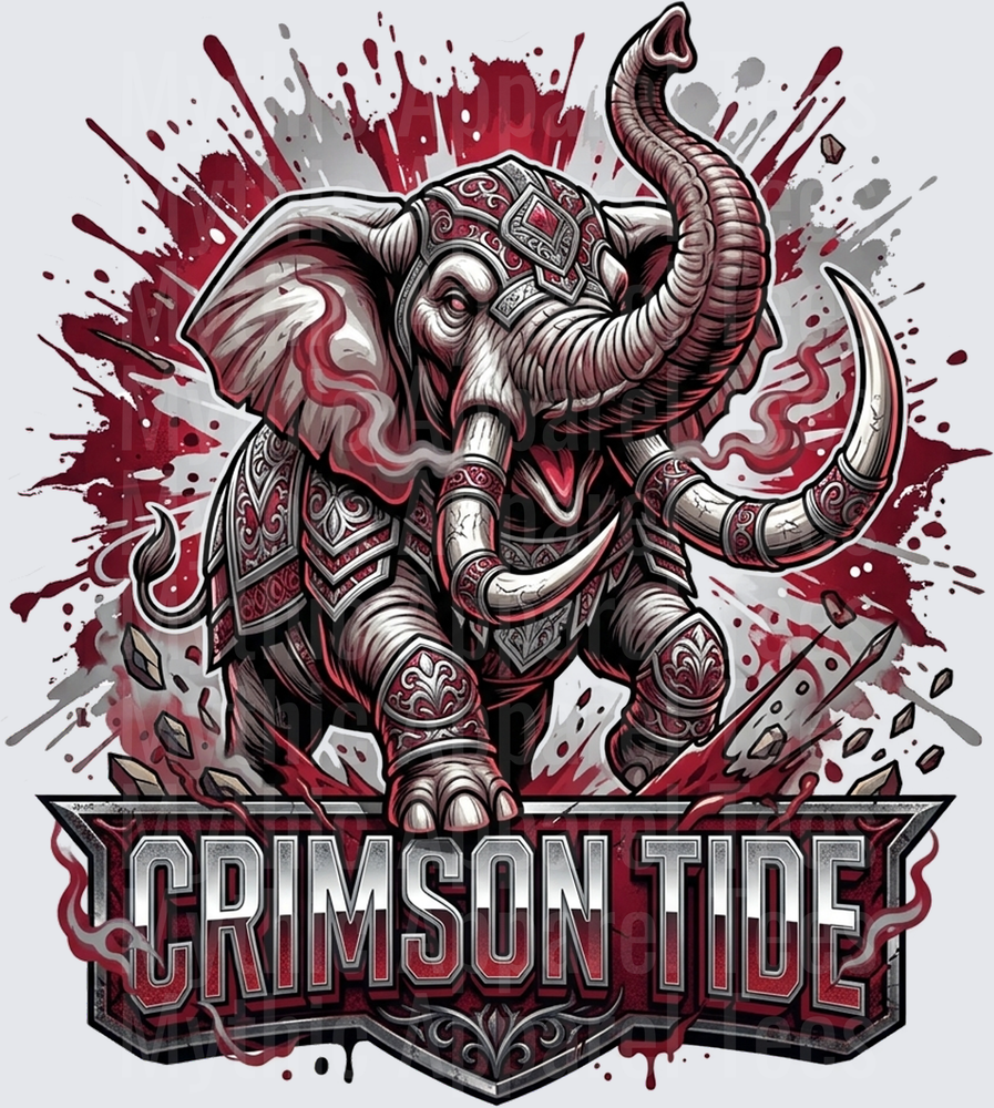 Crimson Tide Armored War Elephant Mascot Crimson and Silver Paint Splatter