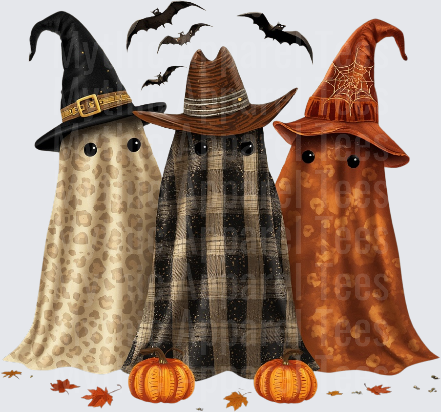 Halloween Trio of Patterned Ghosts with Hats and Pumpkins