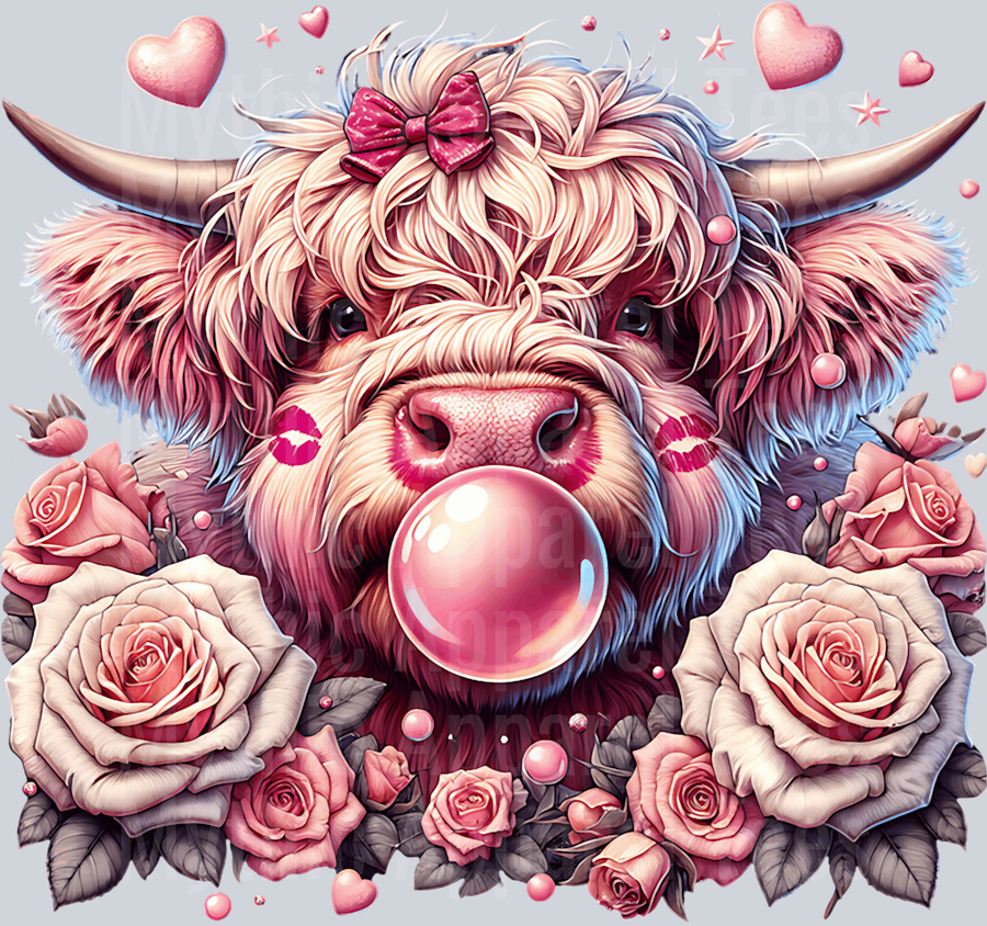 Valentines day highland cow with cute roses DTF Highland Cow Transfers