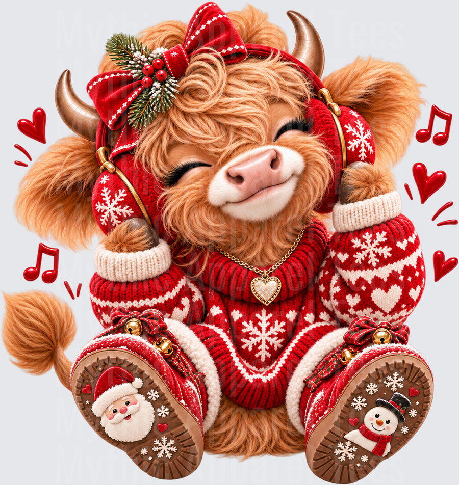 Cute Highland Cow Listening to Christmas Music with Snowflake Sweater Holly Bow and Holiday Boots