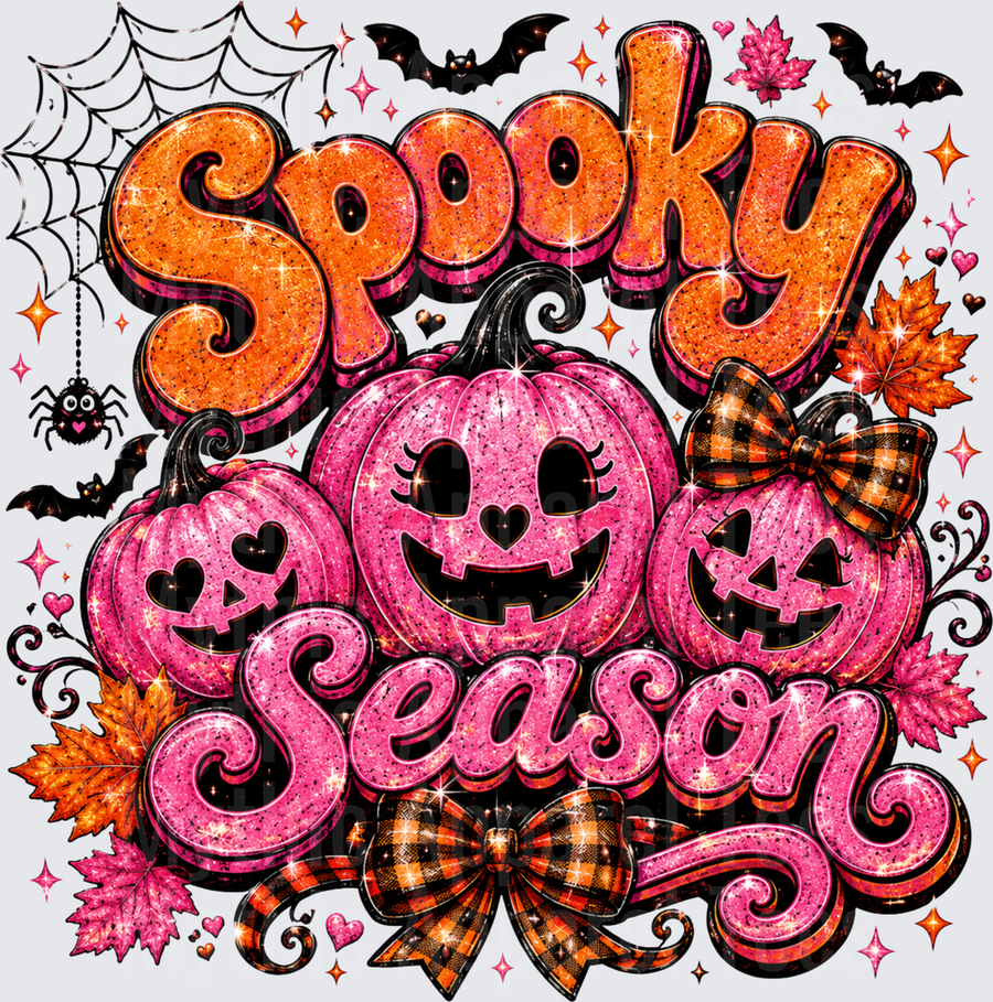 Halloween Spooky Season Glitter Pink Jack-O-Lantern Pumpkins with Buffalo Plaid Bows Bats Spider Web and Fall Leaves