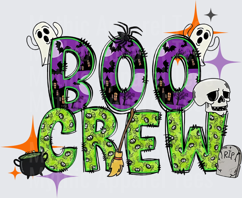 Boo Crew Halloween Haunted House Ghost Skull Cauldron Witch Broom Spider Web RIP Tombstone Purple Green Spooky Letters