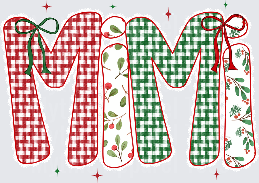 Christmas Mimi Red Green Buffalo Plaid Holly Berry Bow Sparkle Letters