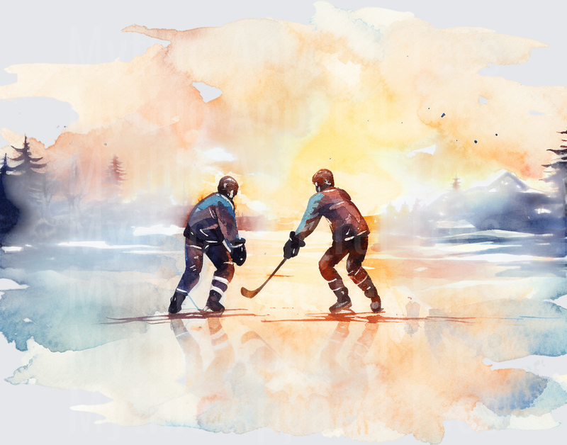 Ice Hockey Players Facing Off Watercolor Sunset Pond Art